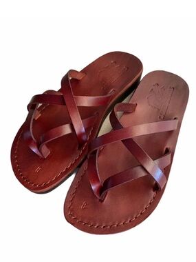 Camel 100% Leather Handmade Sandals Brown Cross Strap Thong Slides Women’s 8/8.5